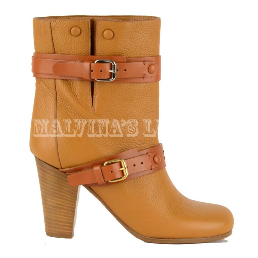 CHLOE ANKLE BOOTS LEATHER DOUBLE STRAP & BUCKLE MID STACKED HEEL sz 35 5